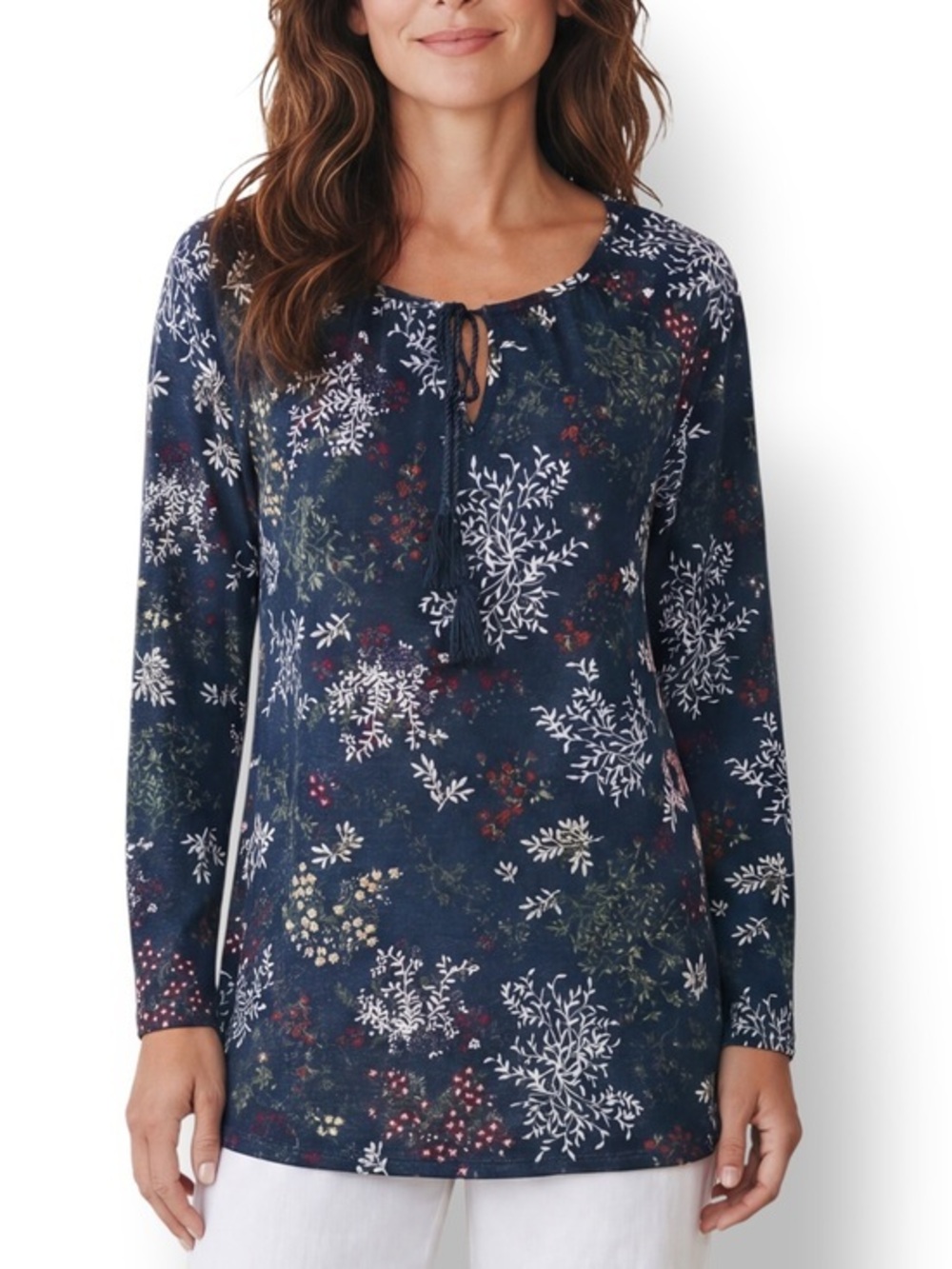 4/$20 Faded Glory Floral Peasant Tunic Top Blue Long Sleeve Tassel Tie Size S